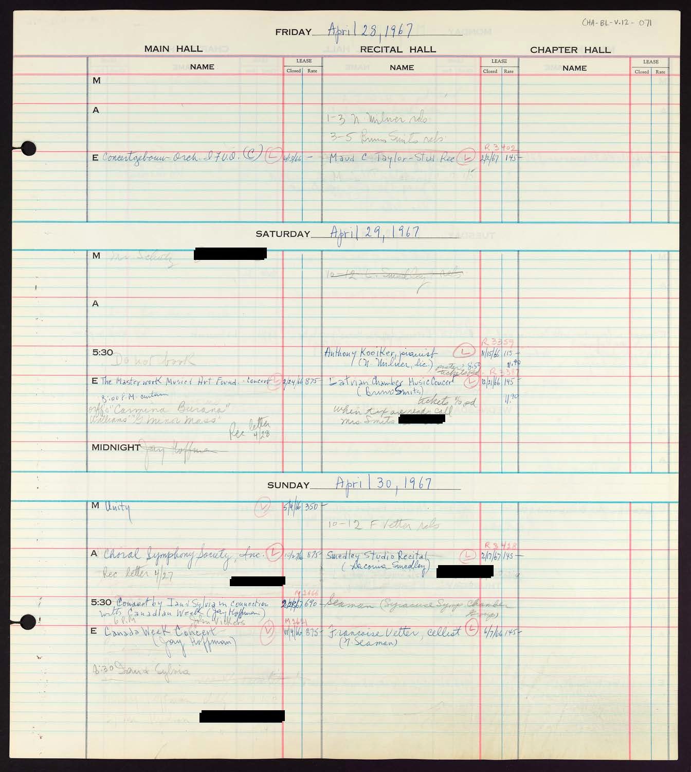Carnegie Hall Booking Ledger, volume 12, page 71