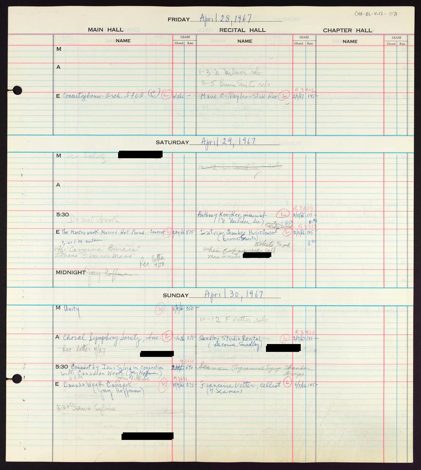 Carnegie Hall Booking Ledger, volume 12, page 71