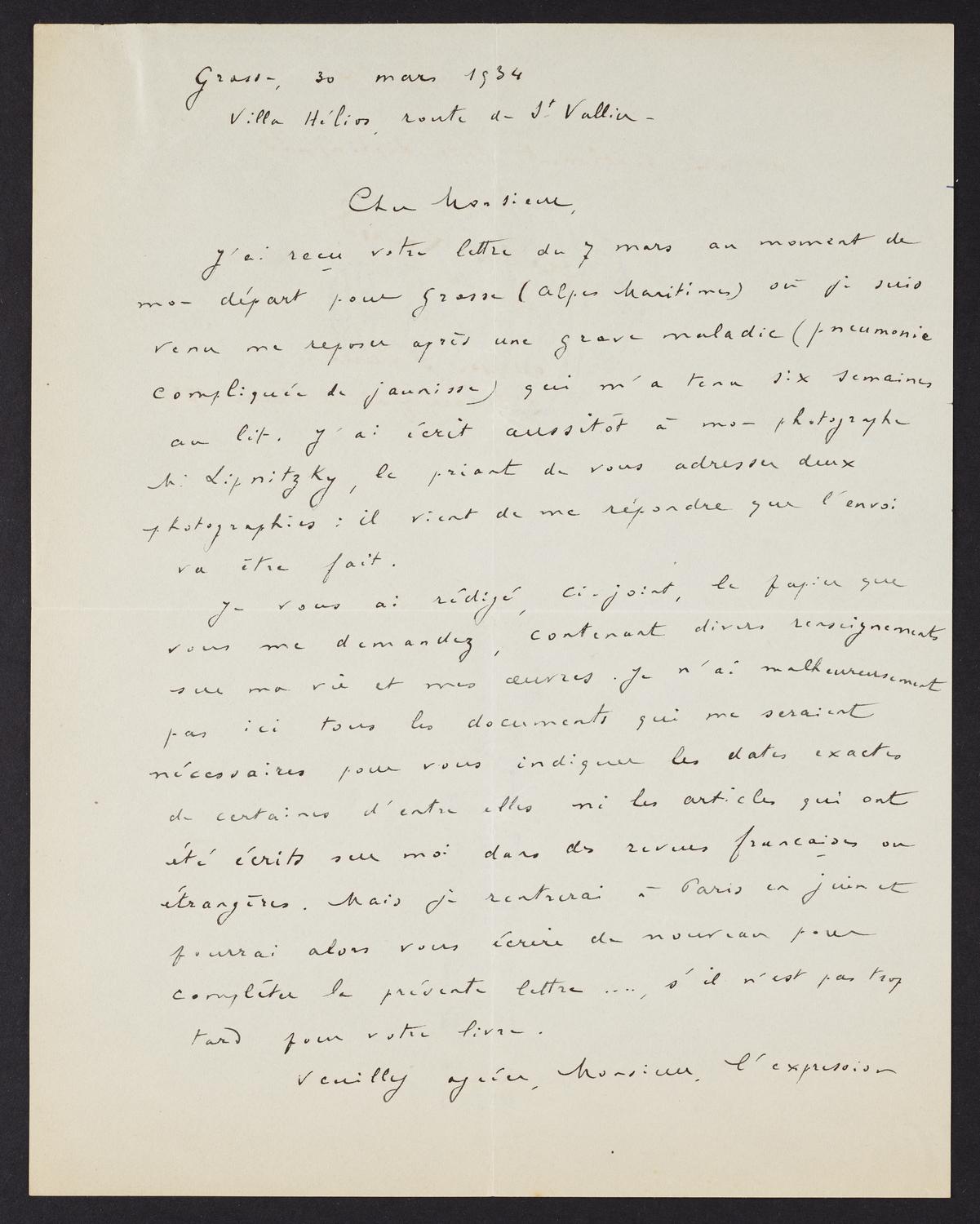 Correspondence from Albert Roussel to David Ewen, page 1 of 8