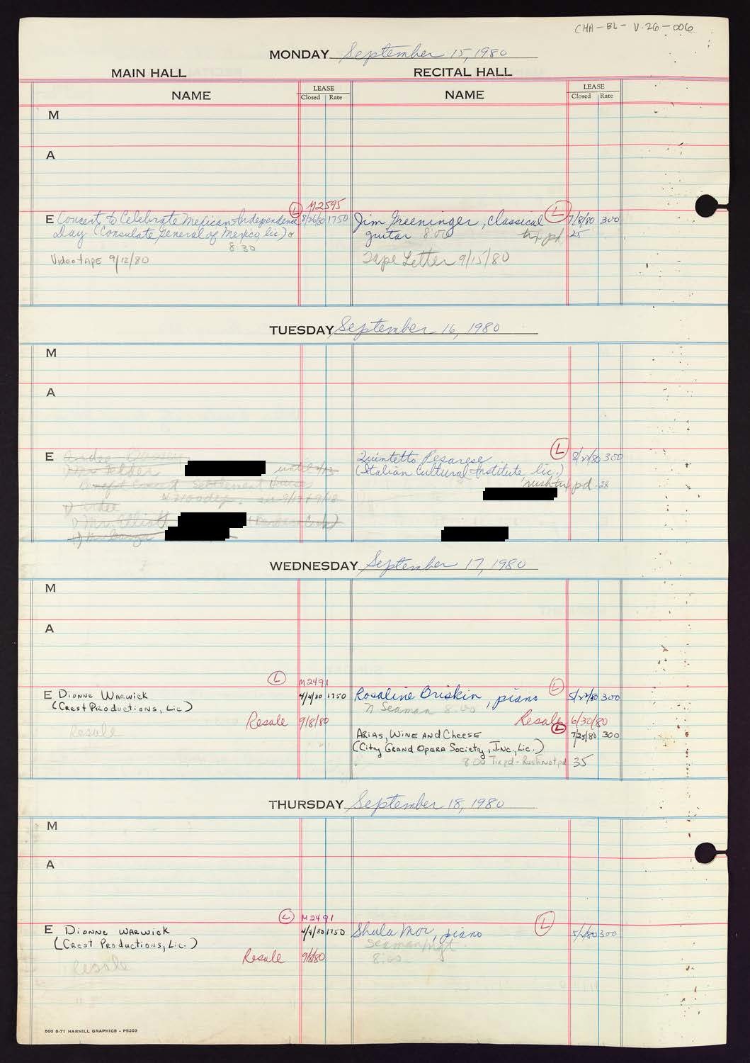 Carnegie Hall Booking Ledger, volume 26, page 6