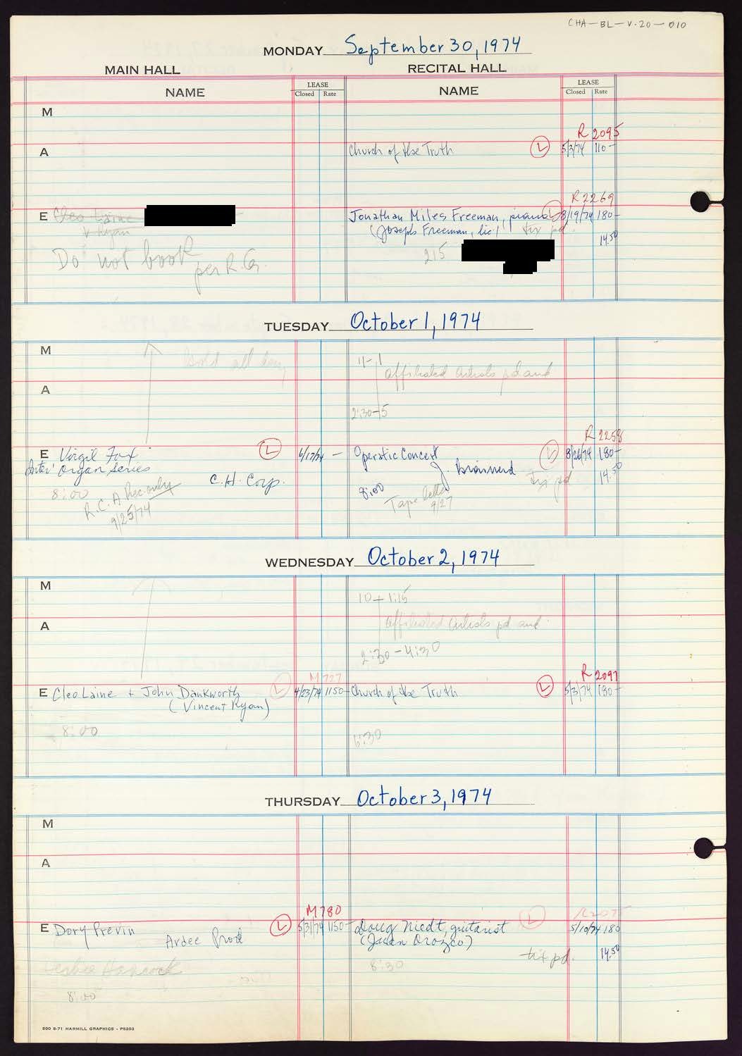 Carnegie Hall Booking Ledger, volume 20, page 10