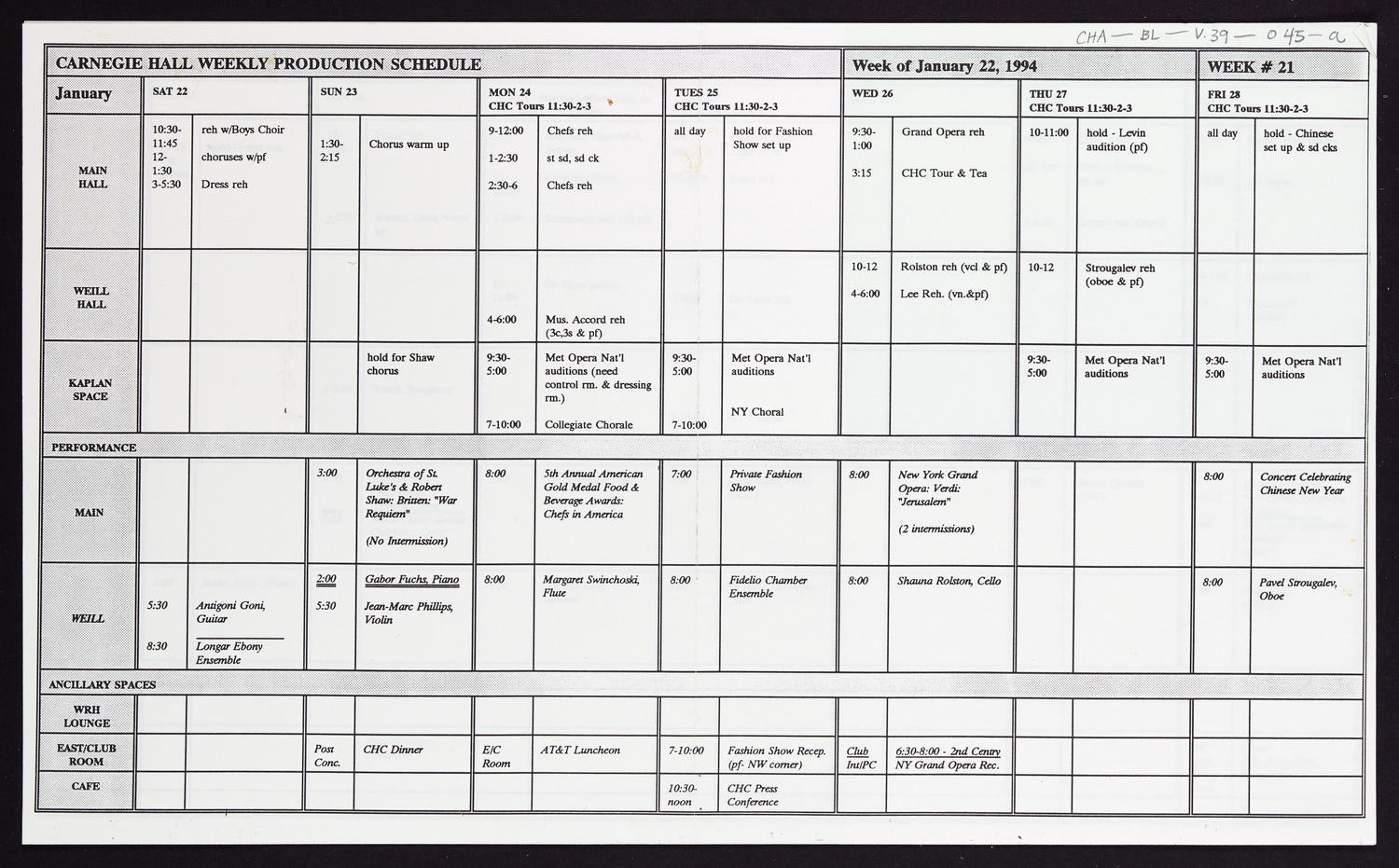 Carnegie Hall Booking Ledger, volume 39, page 45a