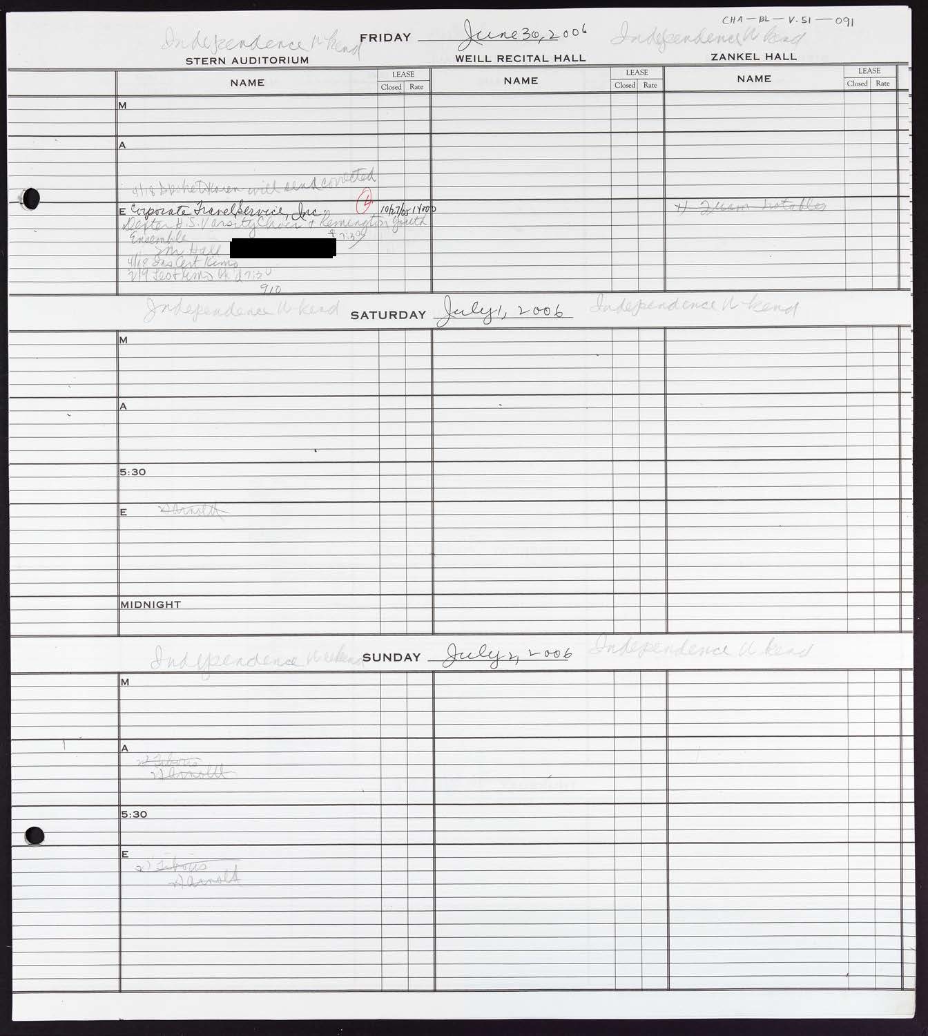 Carnegie Hall Booking Ledger, volume 51, page 91