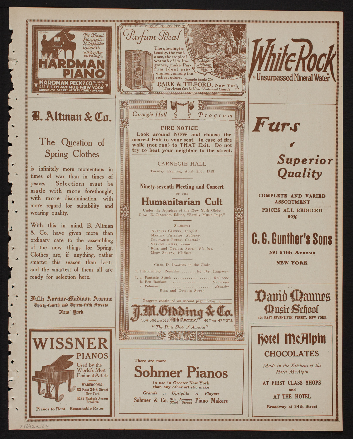 Meeting: The Humanitarian Cult, April 2, 1918, program page 5