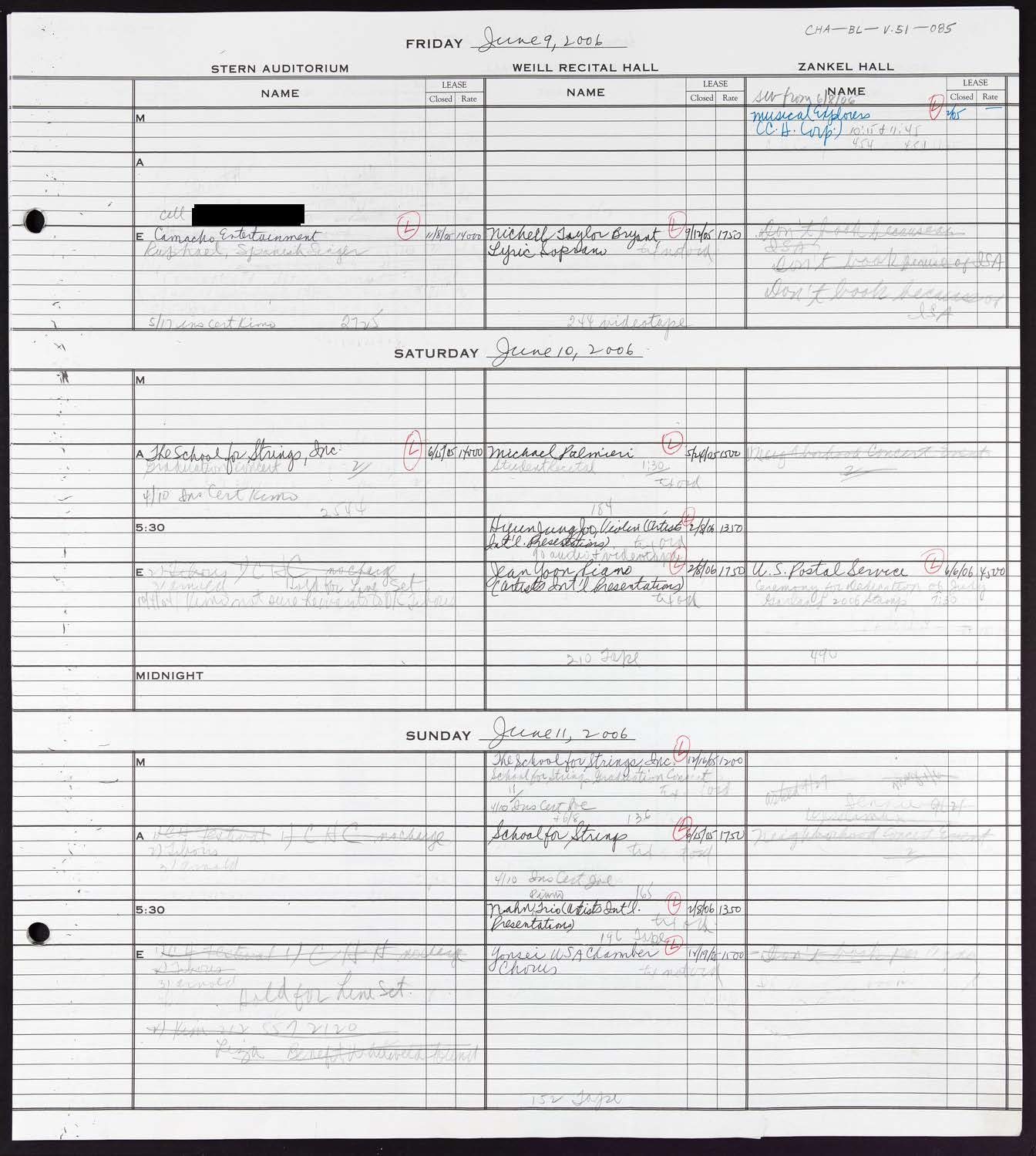 Carnegie Hall Booking Ledger, volume 51, page 85