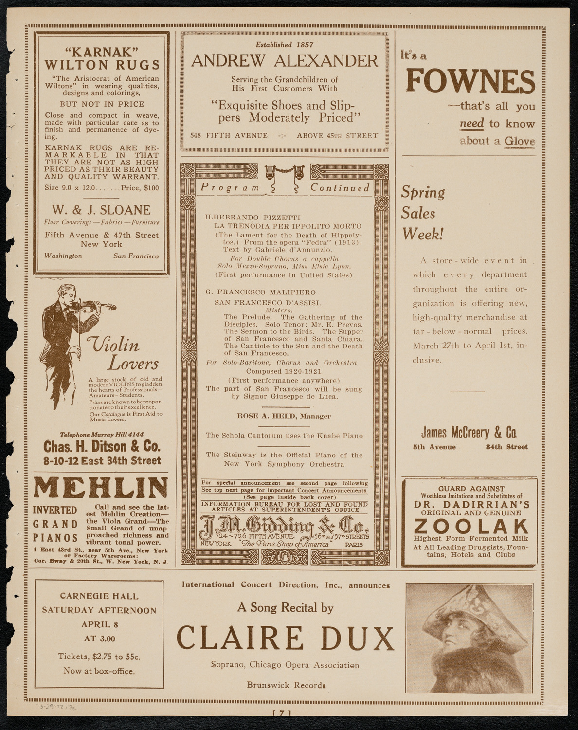 Schola Cantorum of New York, March 29, 1922, program page 7