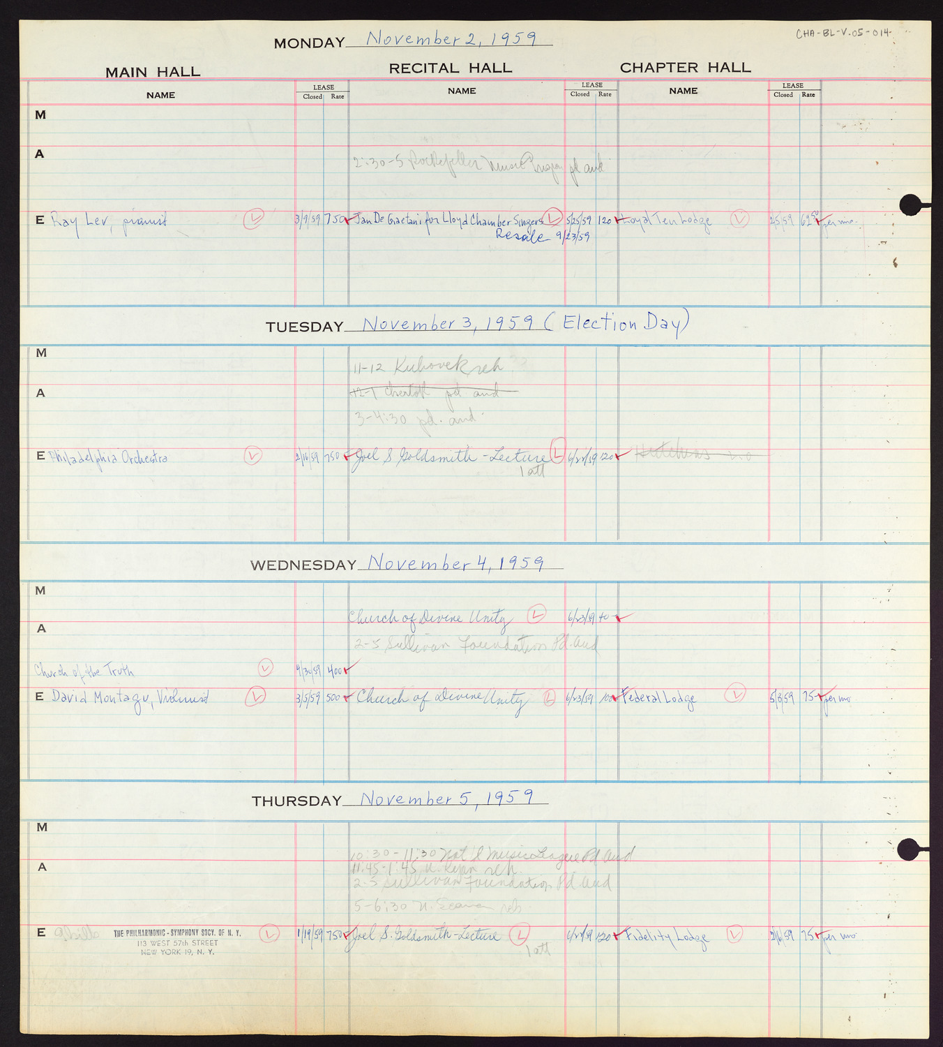 Carnegie Hall Booking Ledger, volume 5, page 14