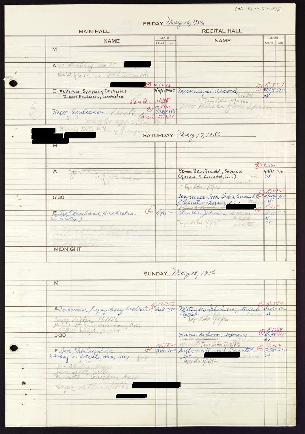 Carnegie Hall Booking Ledger, volume 31, page 75