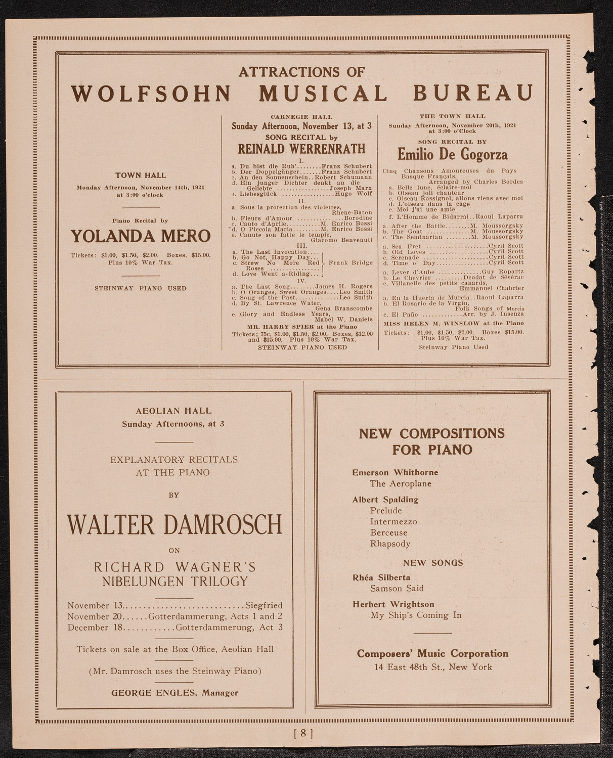 Paul Kochanski, Violin, November 12, 1921, program page 8