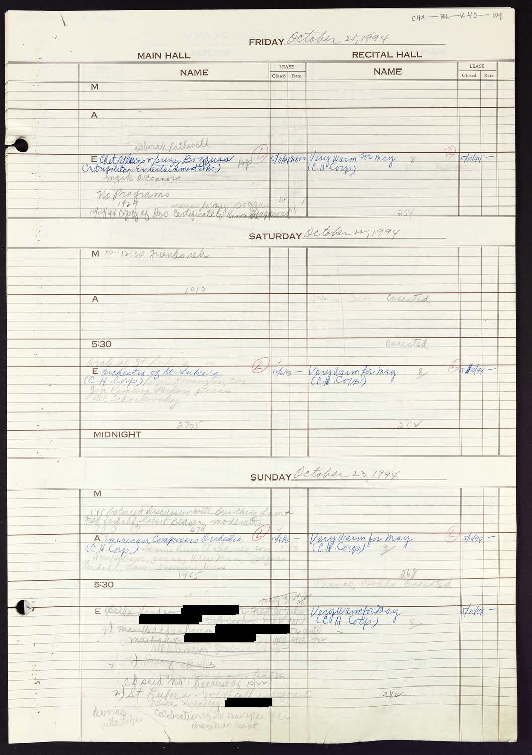 Carnegie Hall Booking Ledger, volume 40, page 19