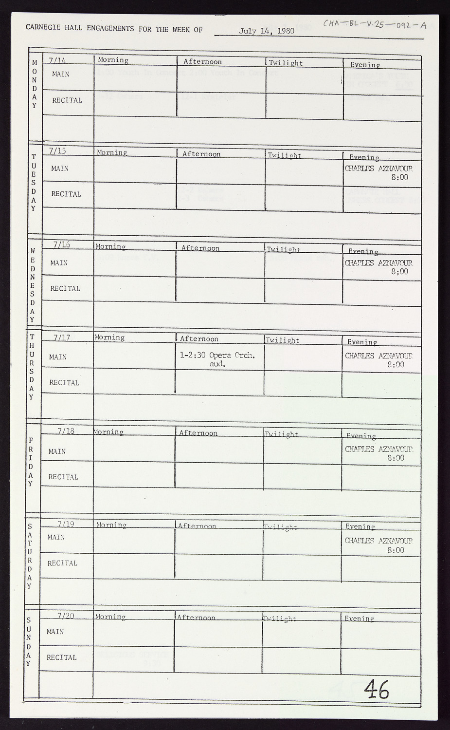 Carnegie Hall Booking Ledger, volume 25, page 92a