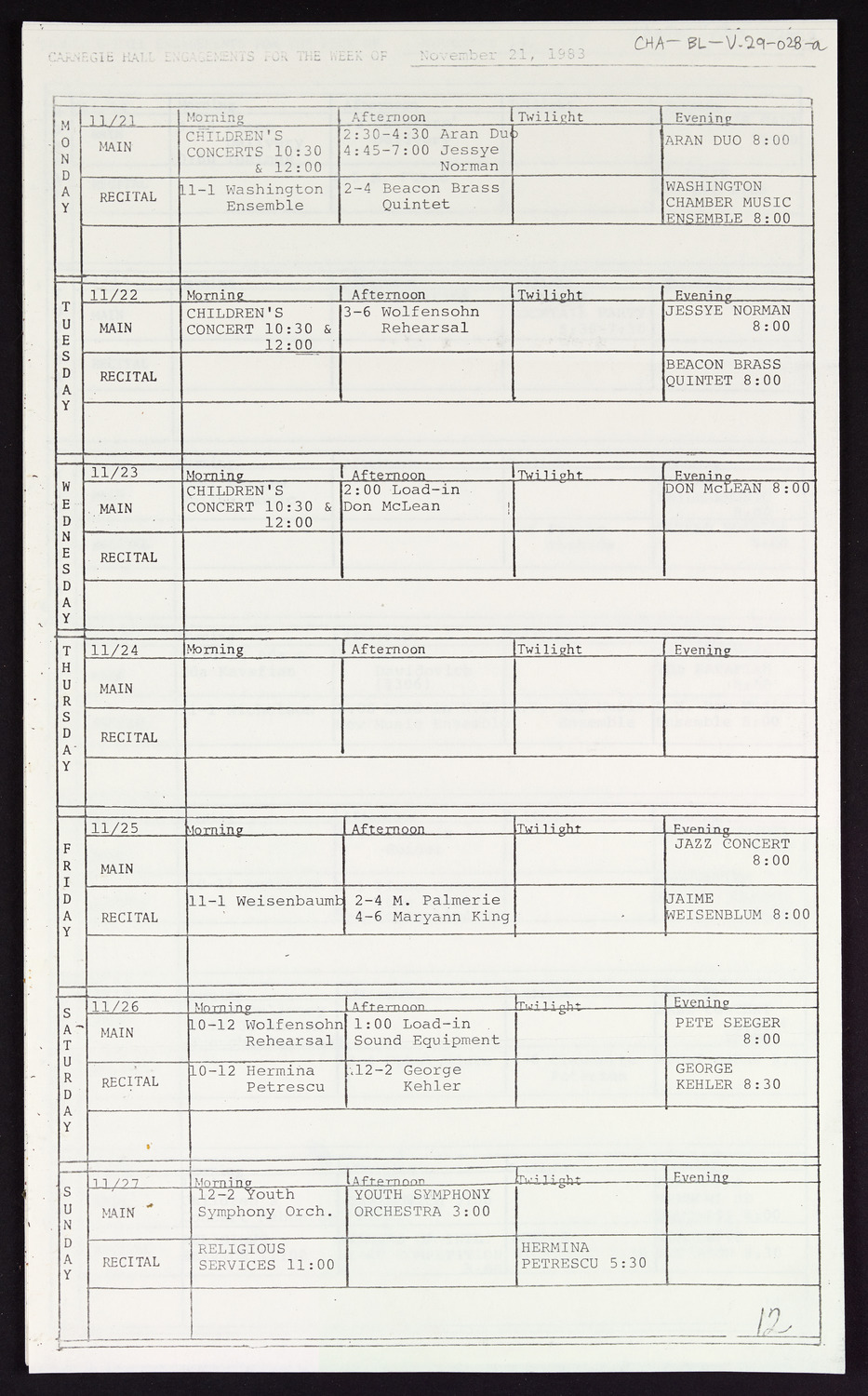 Carnegie Hall Booking Ledger, volume 29, page 28a