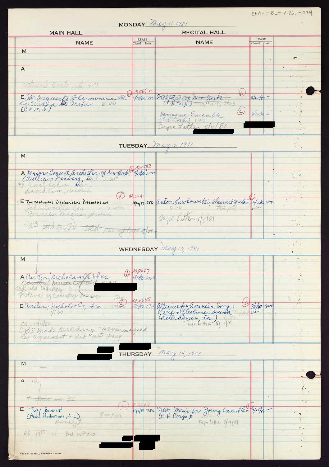 Carnegie Hall Booking Ledger, volume 26, page 74