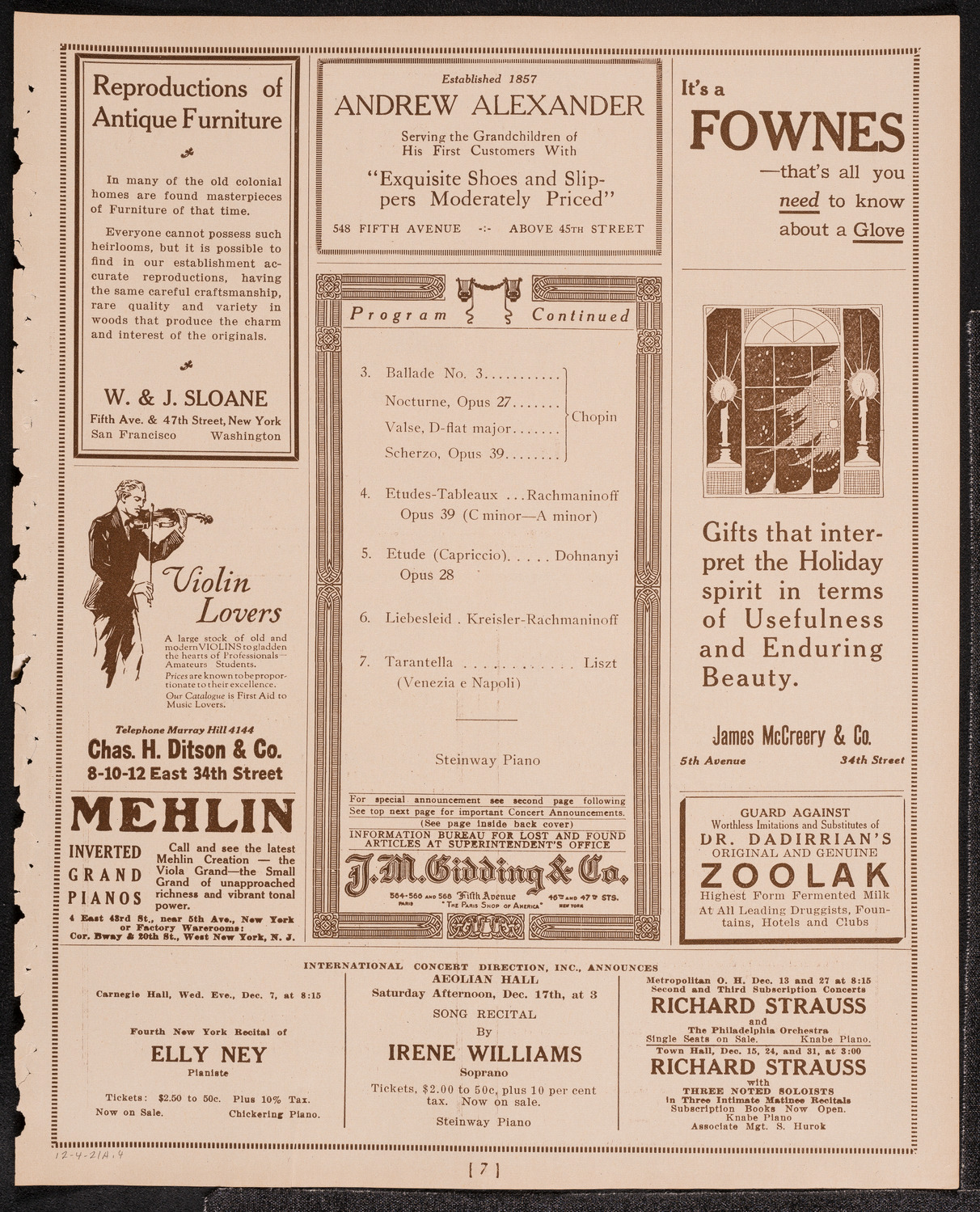 Sergei Rachmaninoff, Piano, December 4, 1921, program page 7