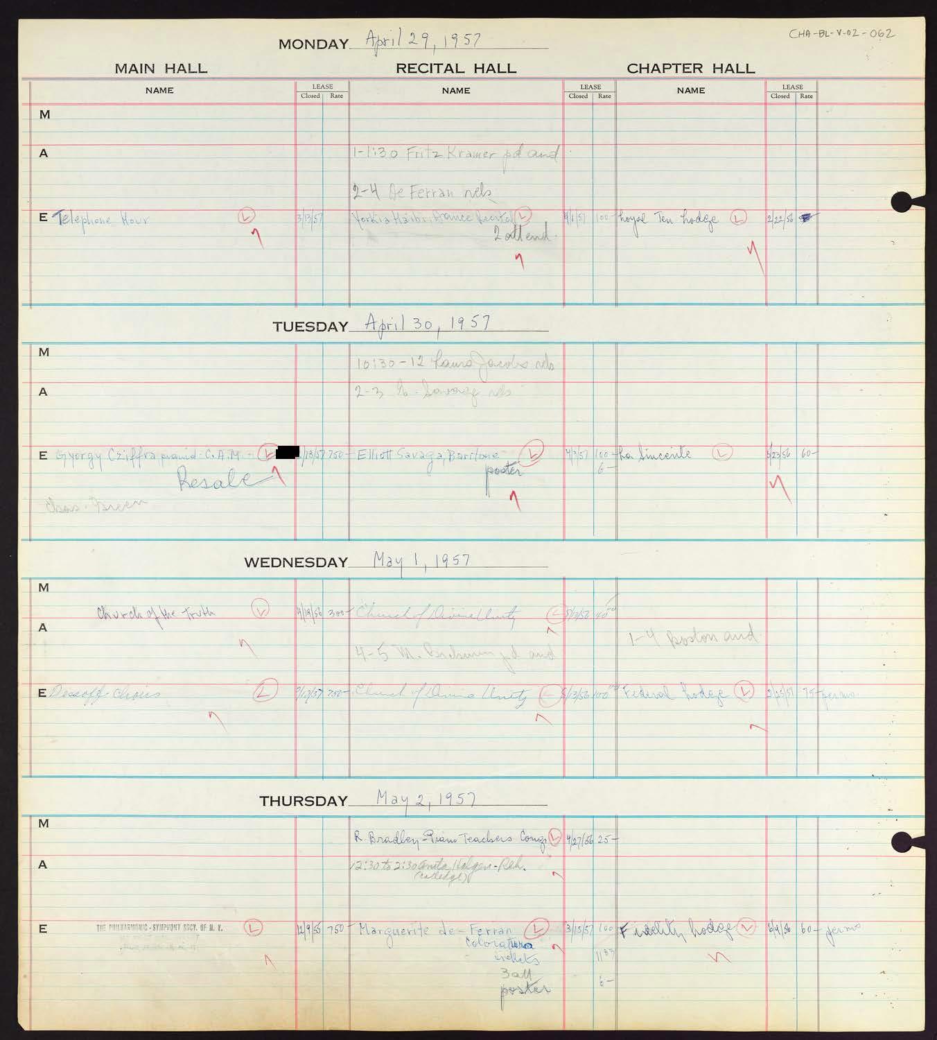 Carnegie Hall Booking Ledger, volume 2, page 62