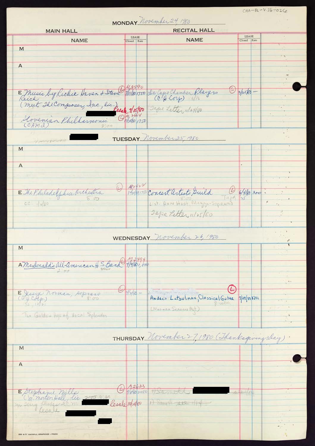 Carnegie Hall Booking Ledger, volume 26, page 26