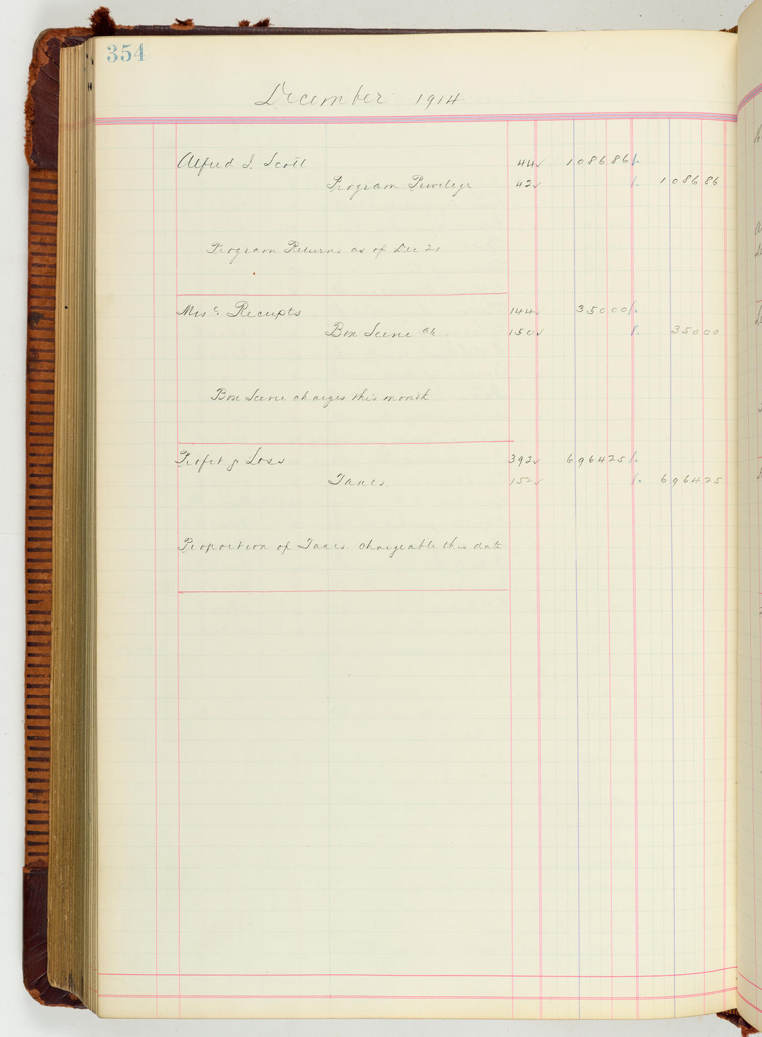 Music Hall Accounting Ledger Journal, volume 7, page 354