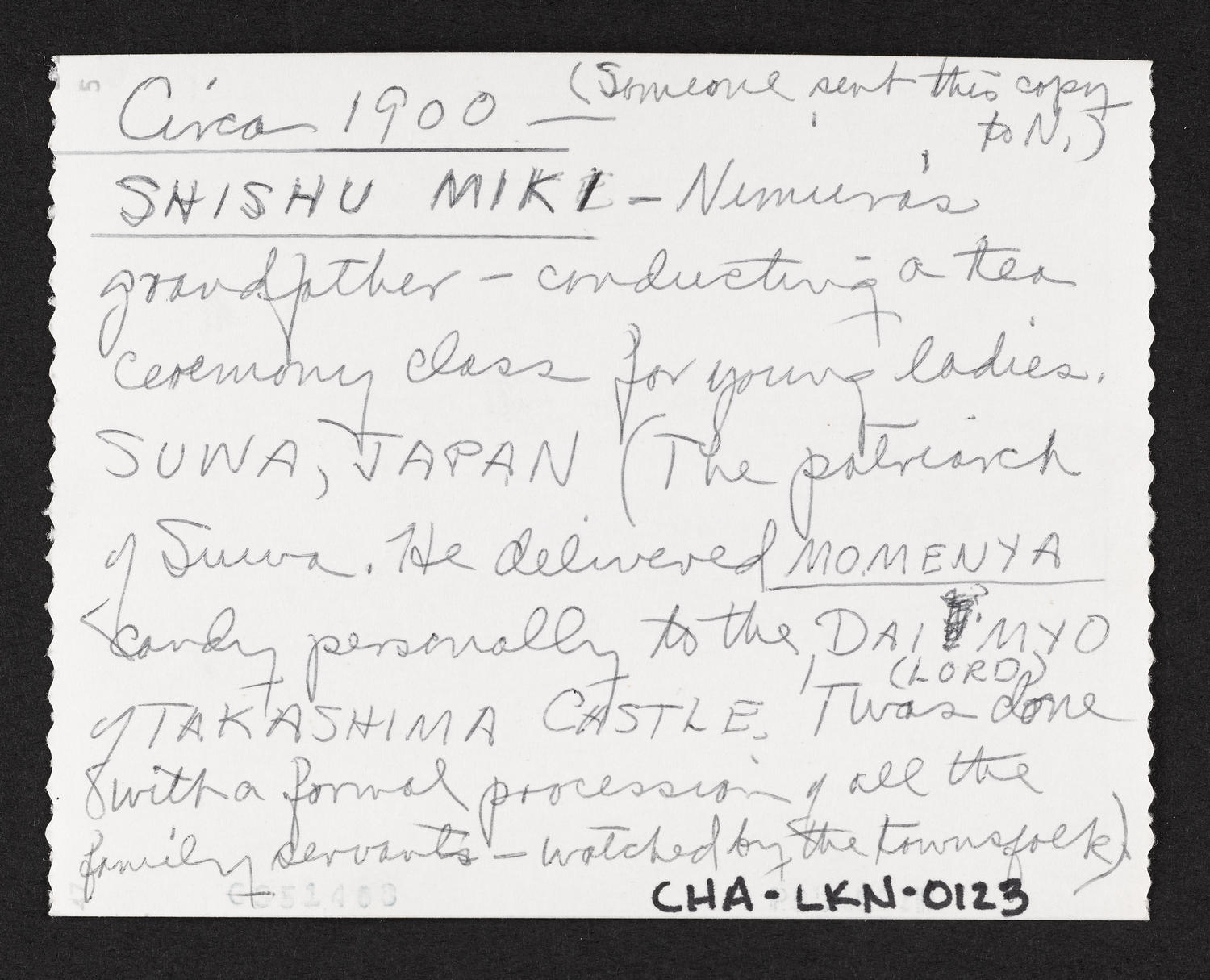 Yeichi Nimura's grandfather Shishu Miki in Suwa, Japan, c. 1900 (back)