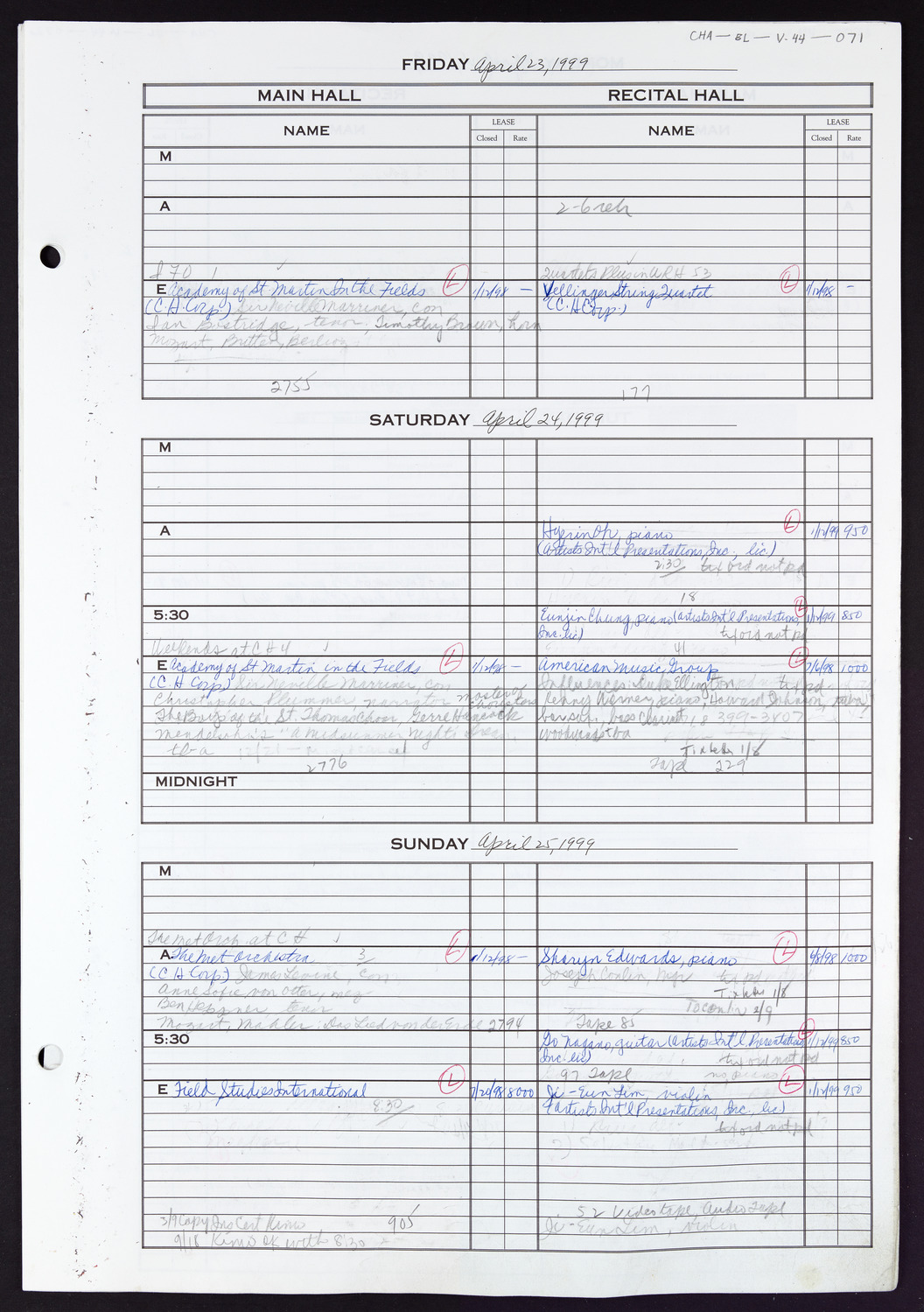 Carnegie Hall Booking Ledger, volume 44, page 71