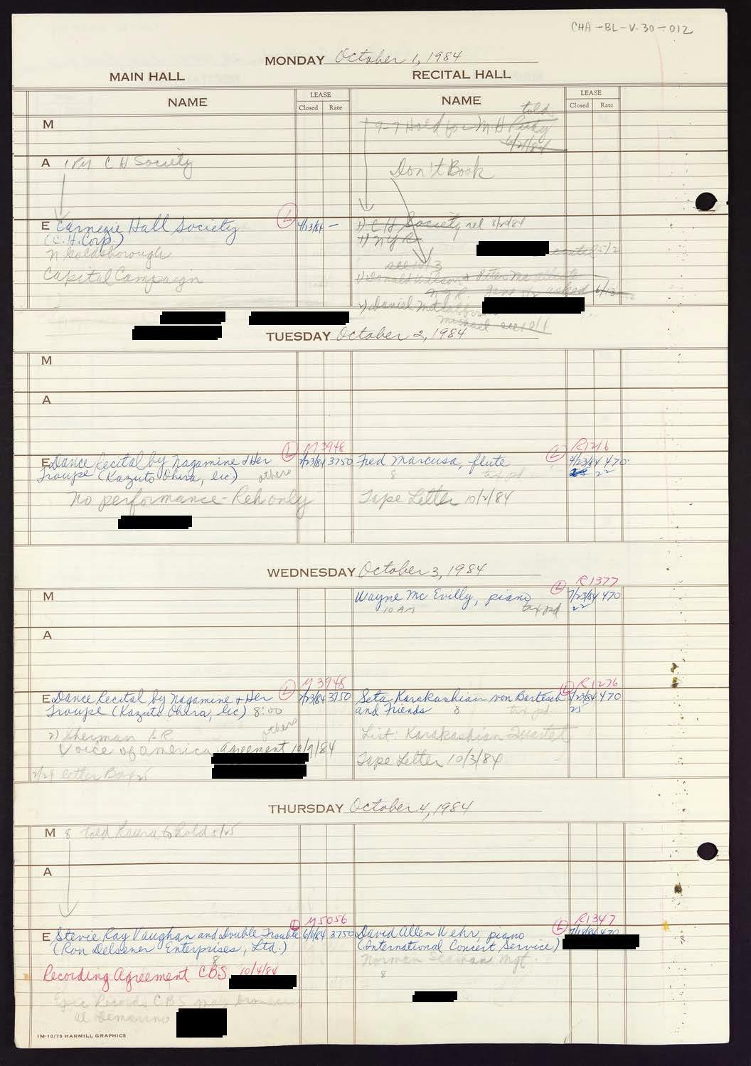 Carnegie Hall Booking Ledger, volume 30, page 12