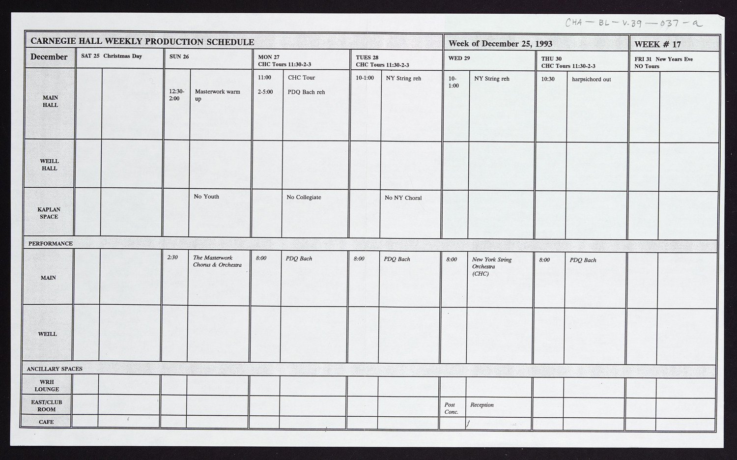 Carnegie Hall Booking Ledger, volume 39, page 37a