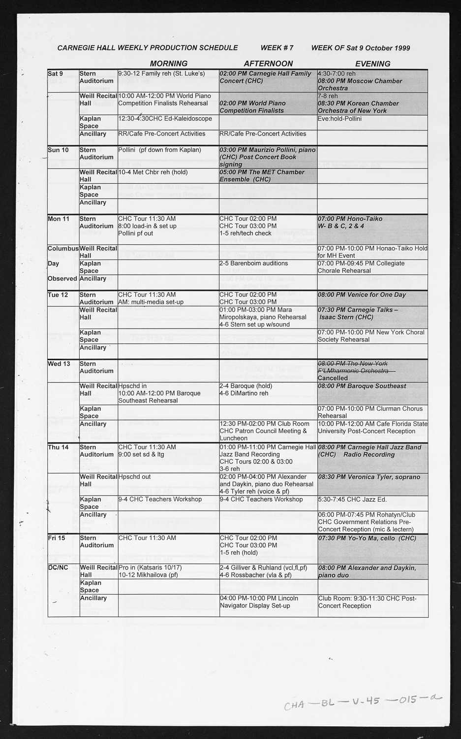 Carnegie Hall Booking Ledger, volume 45, page 15a