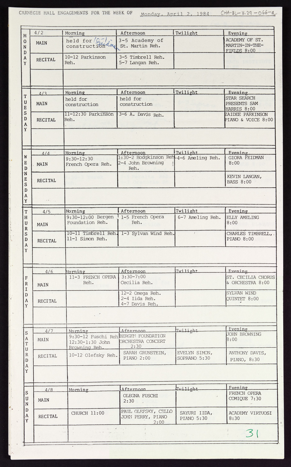 Carnegie Hall Booking Ledger, volume 29, page 66a