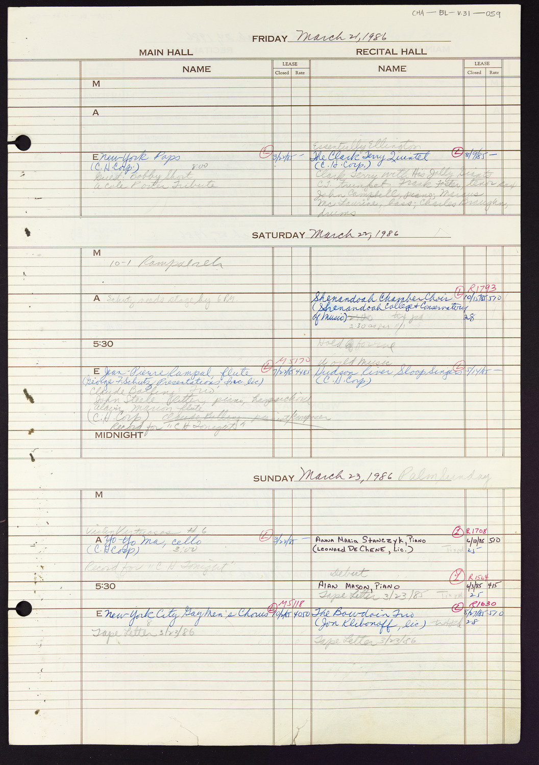 Carnegie Hall Booking Ledger, volume 31, page 59