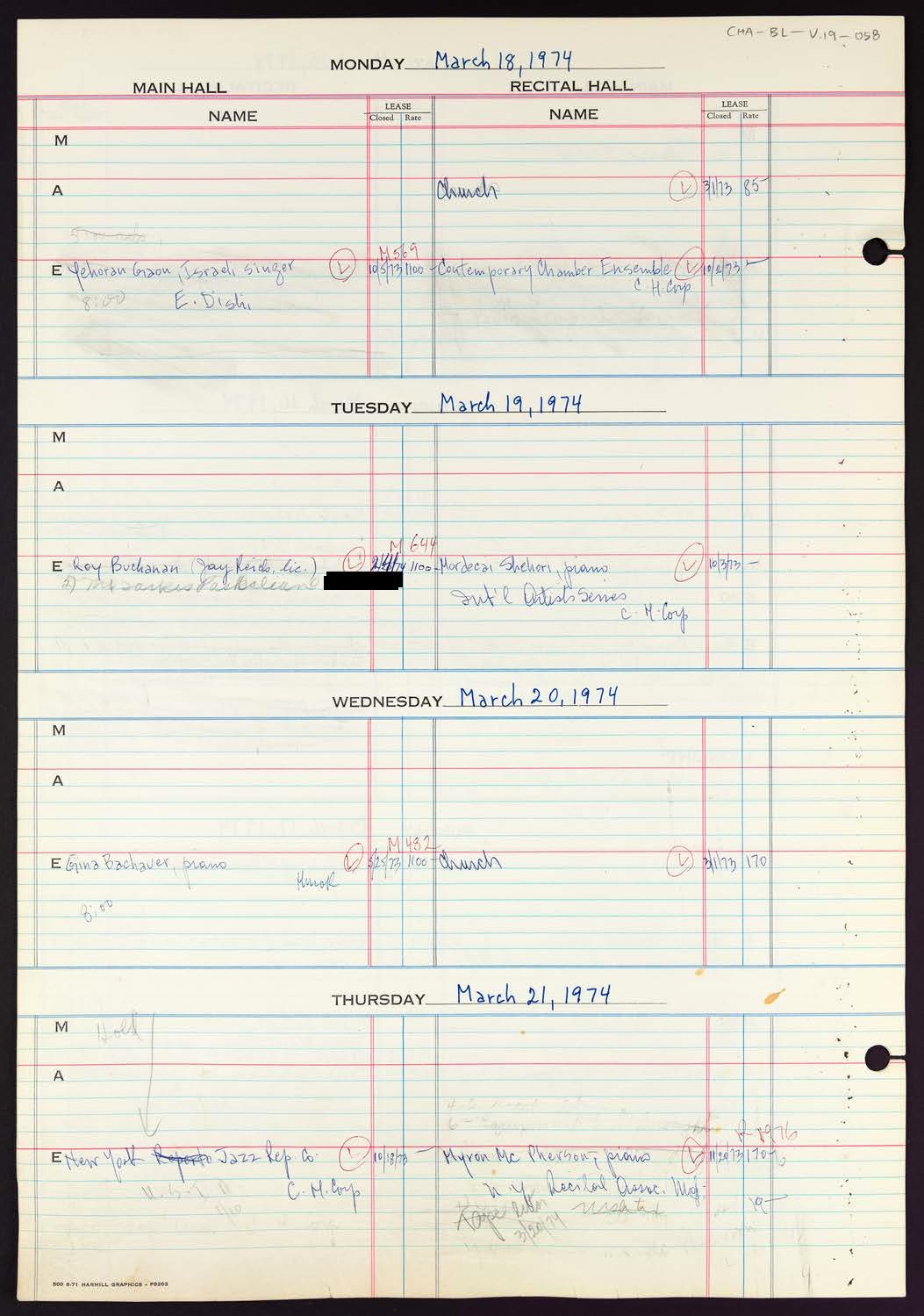 Carnegie Hall Booking Ledger, volume 19, page 58
