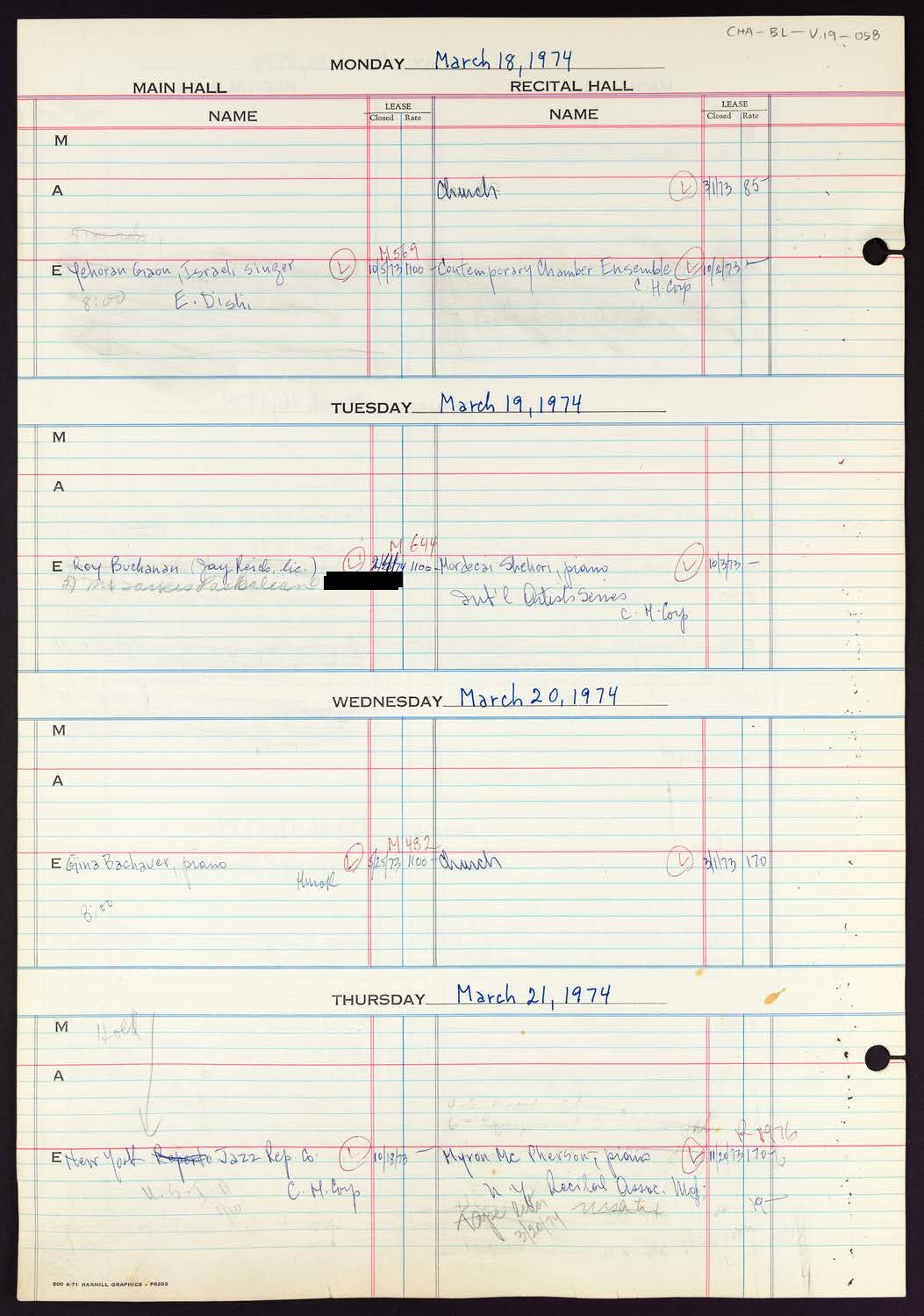 Carnegie Hall Booking Ledger, volume 19, page 58