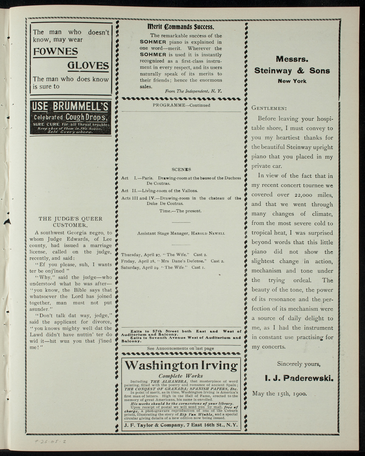 American Academy of Dramatic Arts Private Dress Rehearsal, April 26, 1905, program page 3