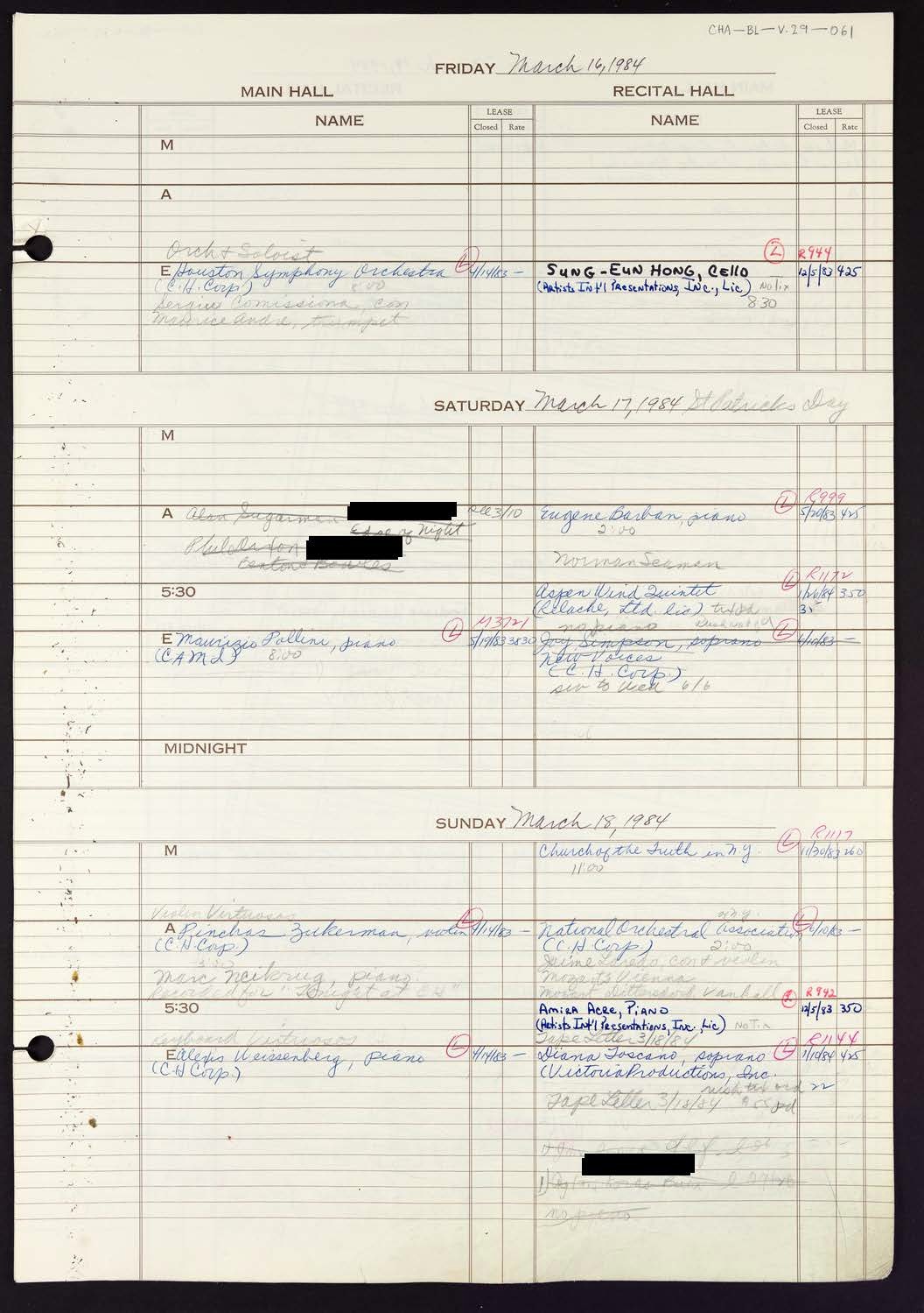 Carnegie Hall Booking Ledger, volume 29, page 61