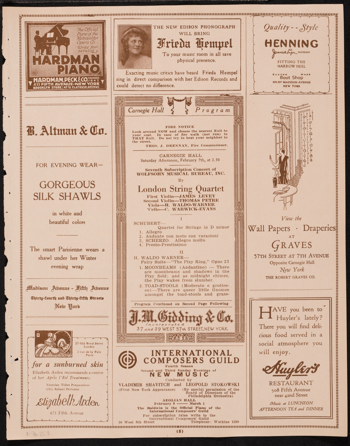 London String Quartet, February 7, 1925, program page 5