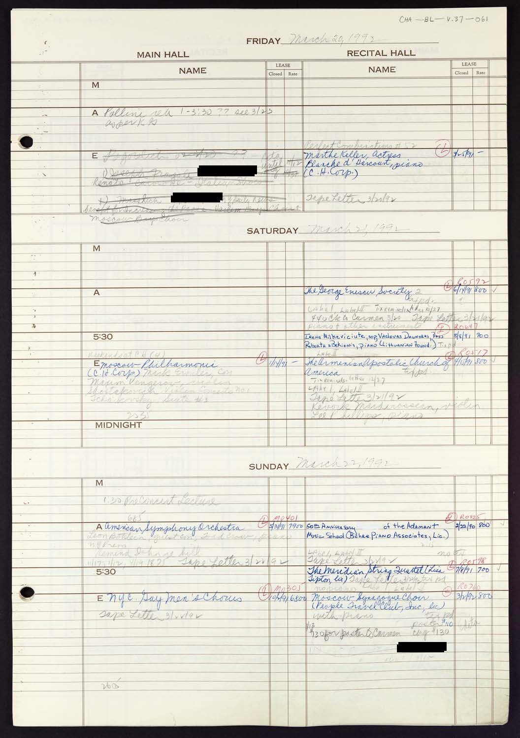 Carnegie Hall Booking Ledger, volume 37, page 61