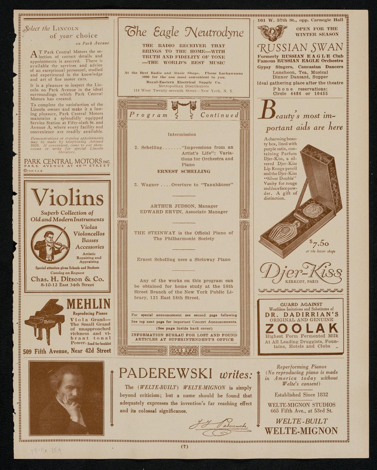 New York Philharmonic, December 11, 1925, program page 7