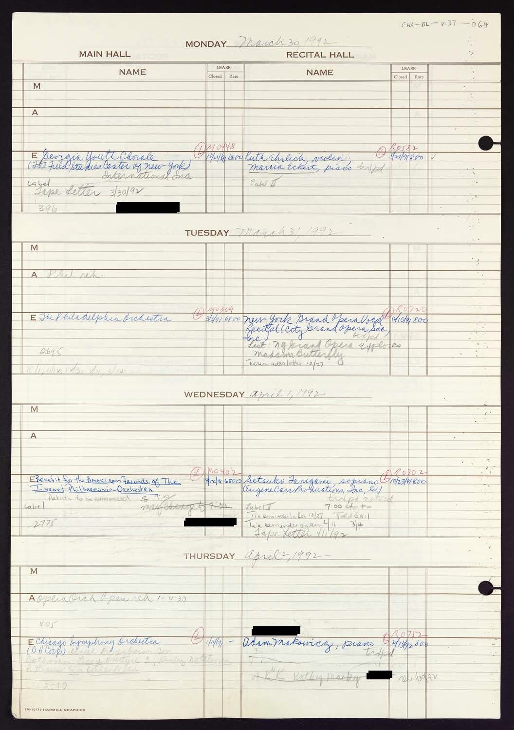 Carnegie Hall Booking Ledger, volume 37, page 64