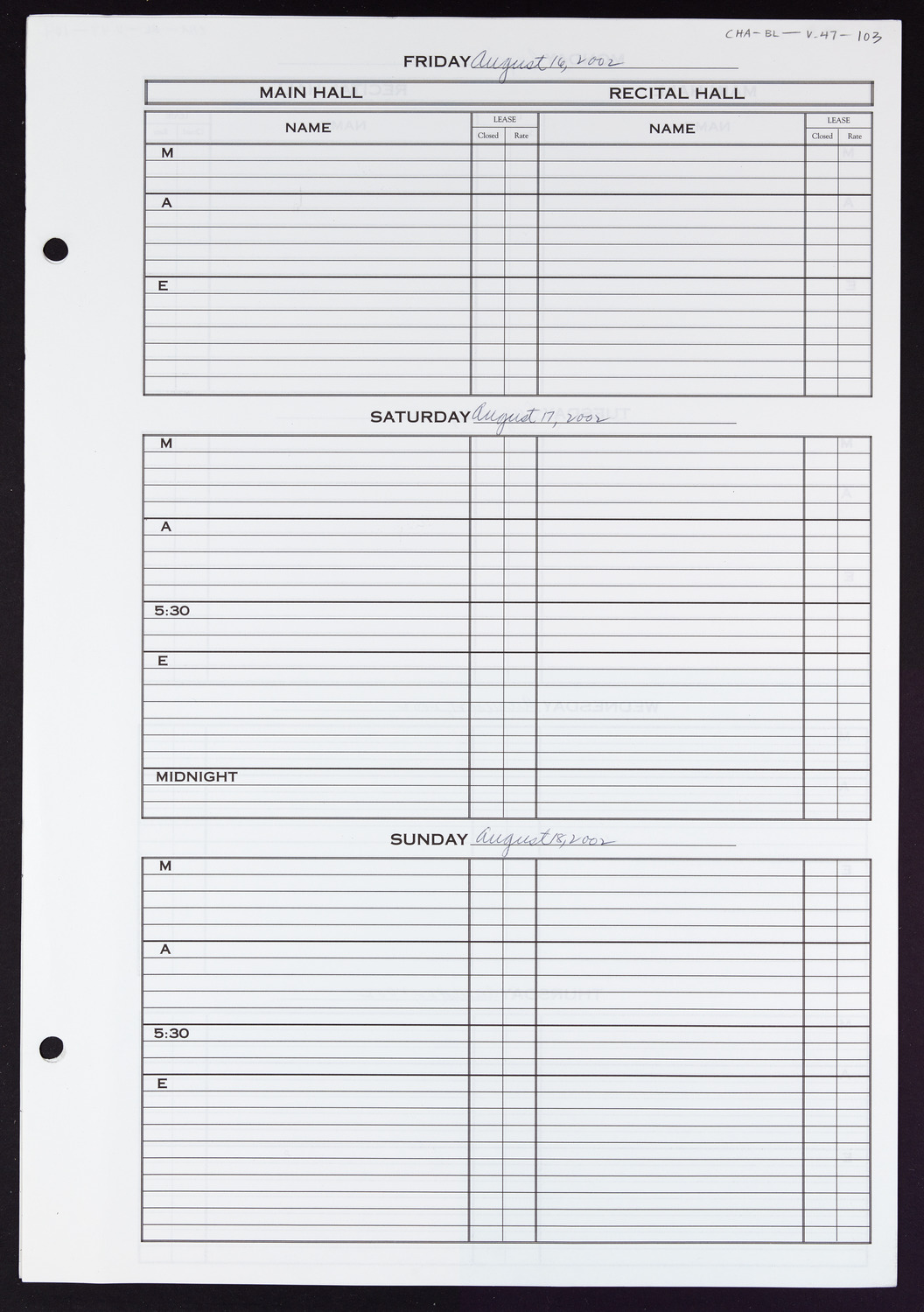 Carnegie Hall Booking Ledger, volume 47, page 103