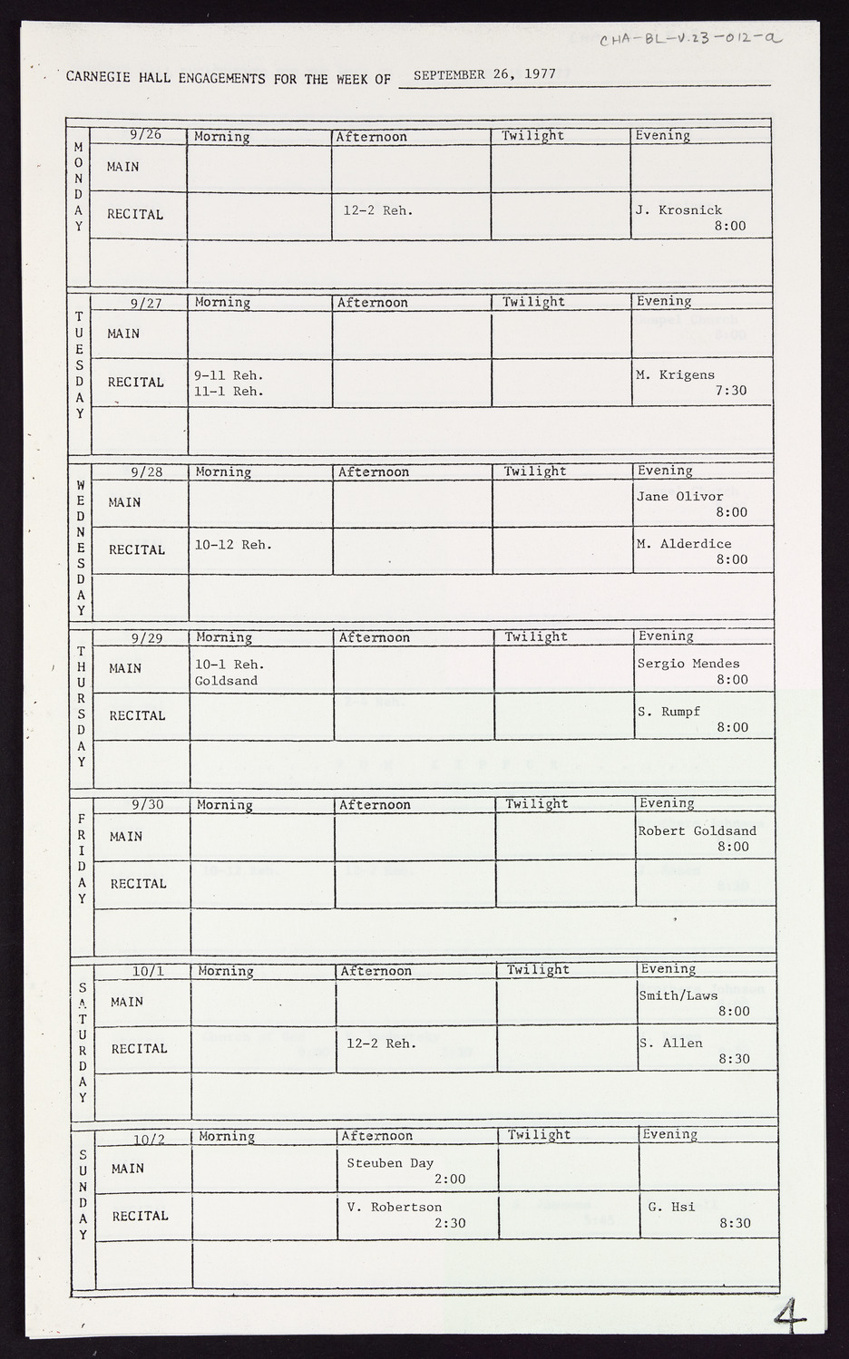 Carnegie Hall Booking Ledger, volume 23, page 12a