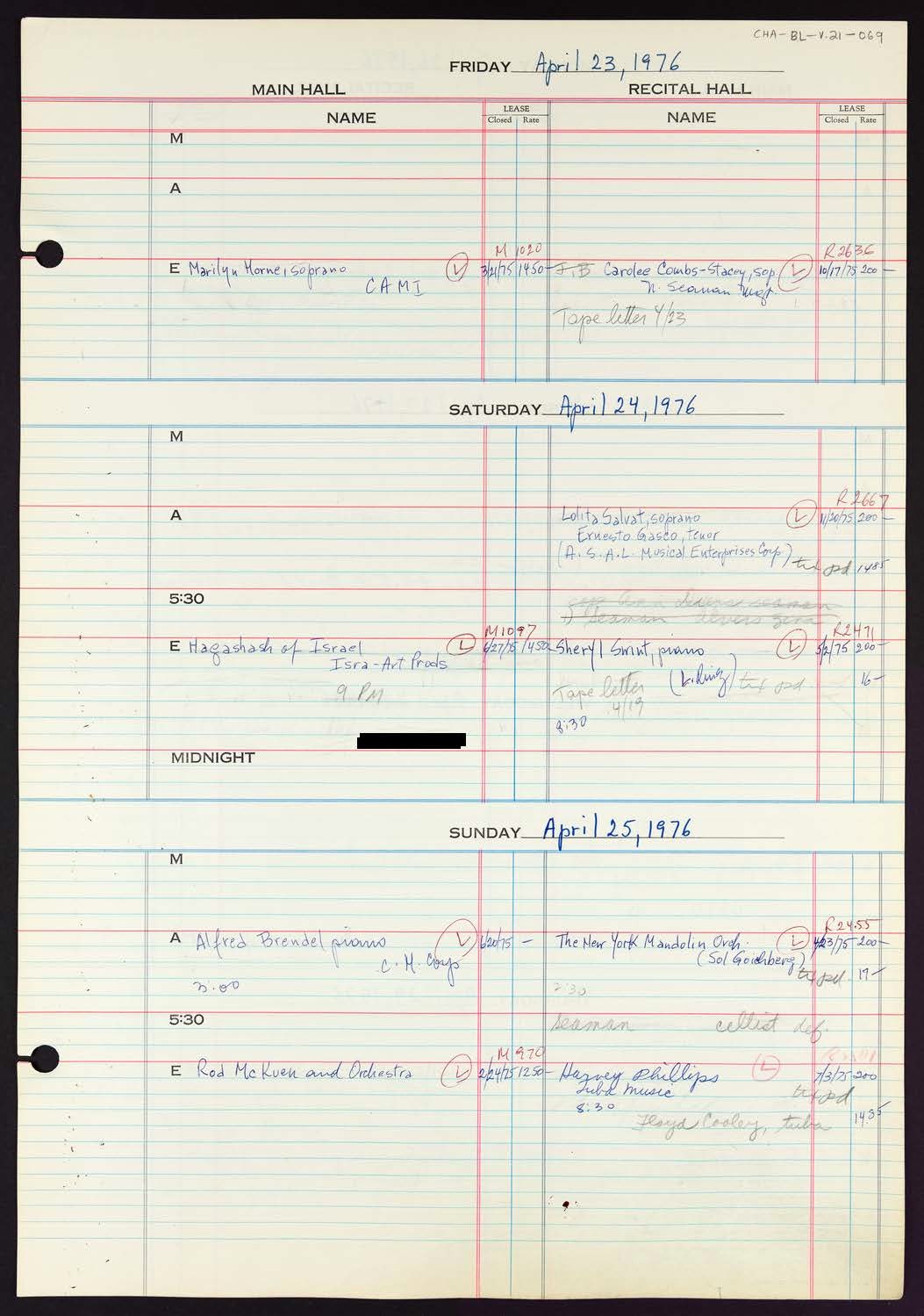 Carnegie Hall Booking Ledger, volume 21, page 69