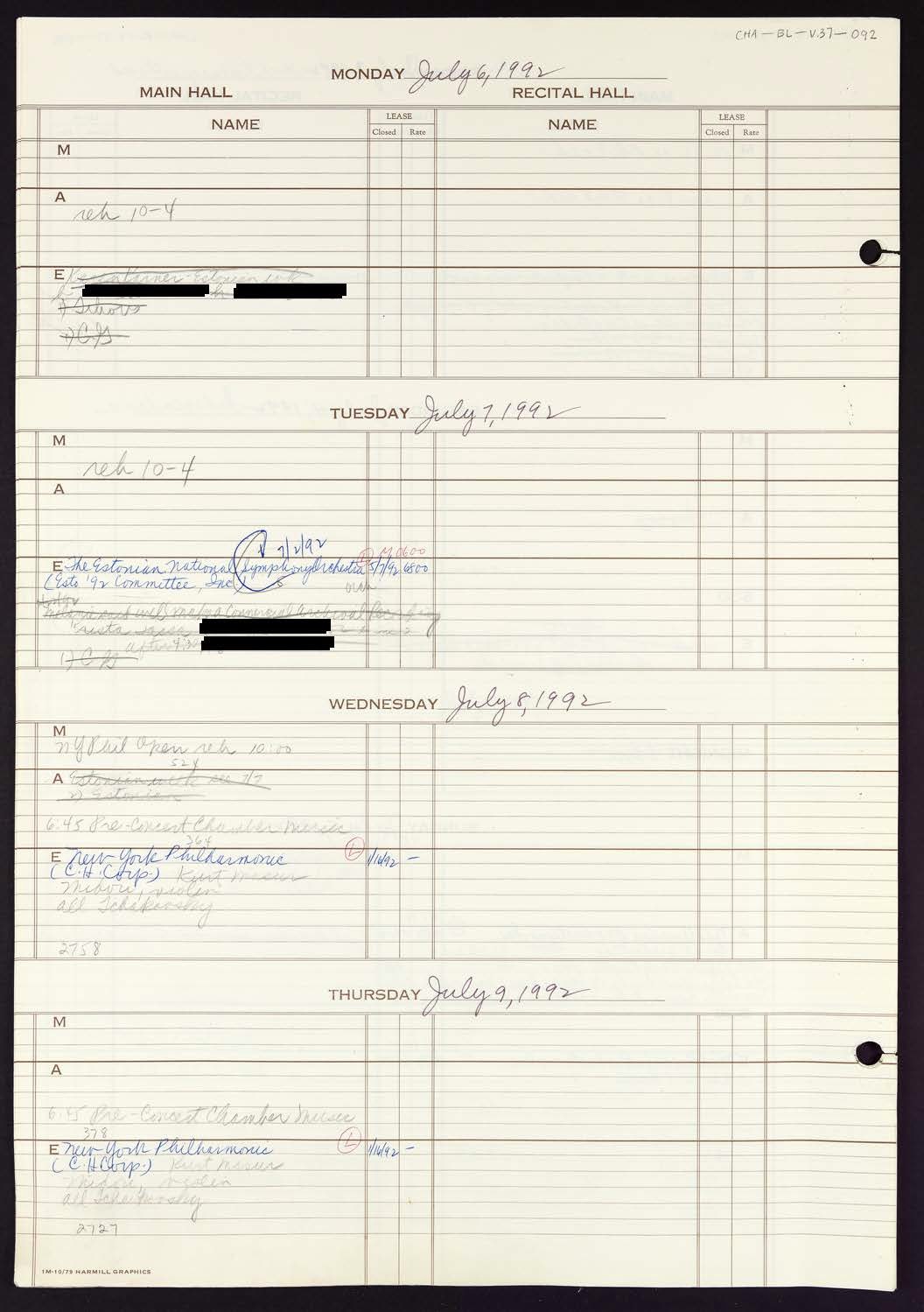 Carnegie Hall Booking Ledger, volume 37, page 92