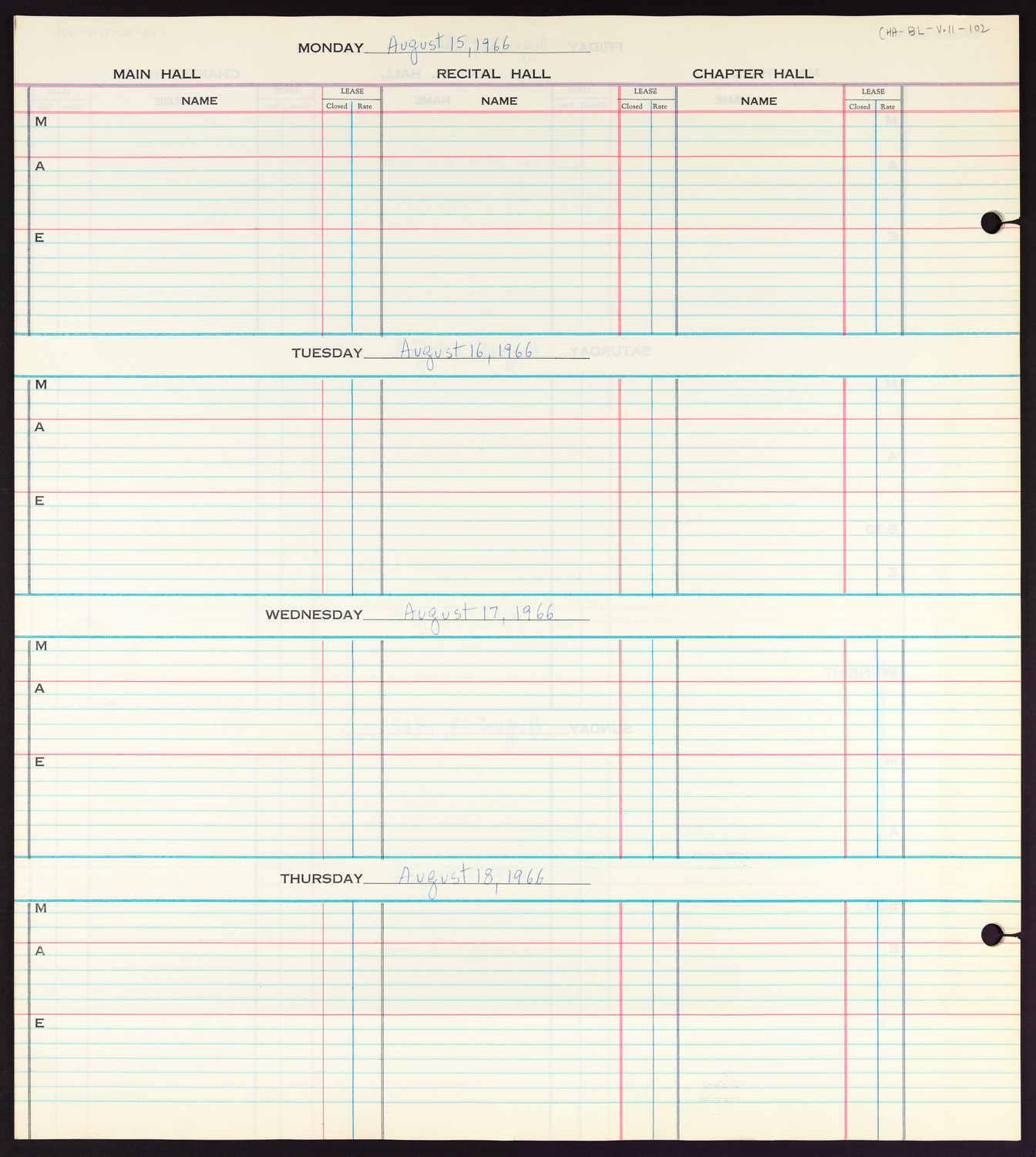 Carnegie Hall Booking Ledger, volume 11, page 102