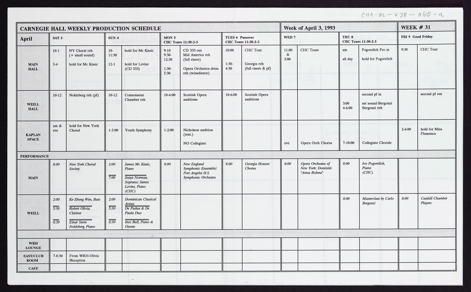 Carnegie Hall Booking Ledger, volume 38, page 65a