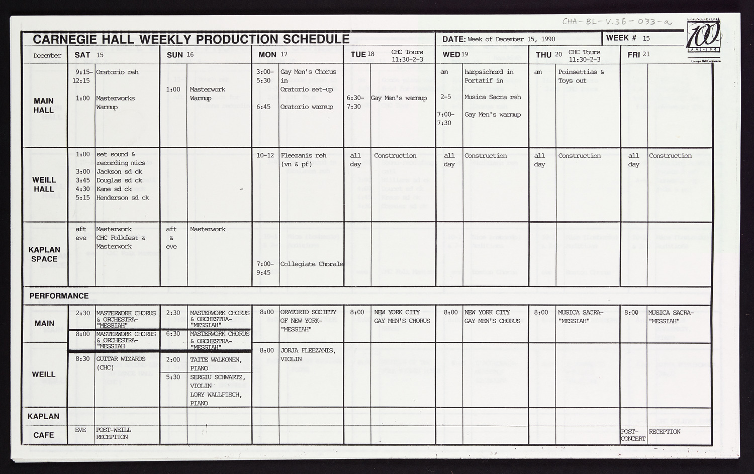 Carnegie Hall Booking Ledger, volume 36, page 33a