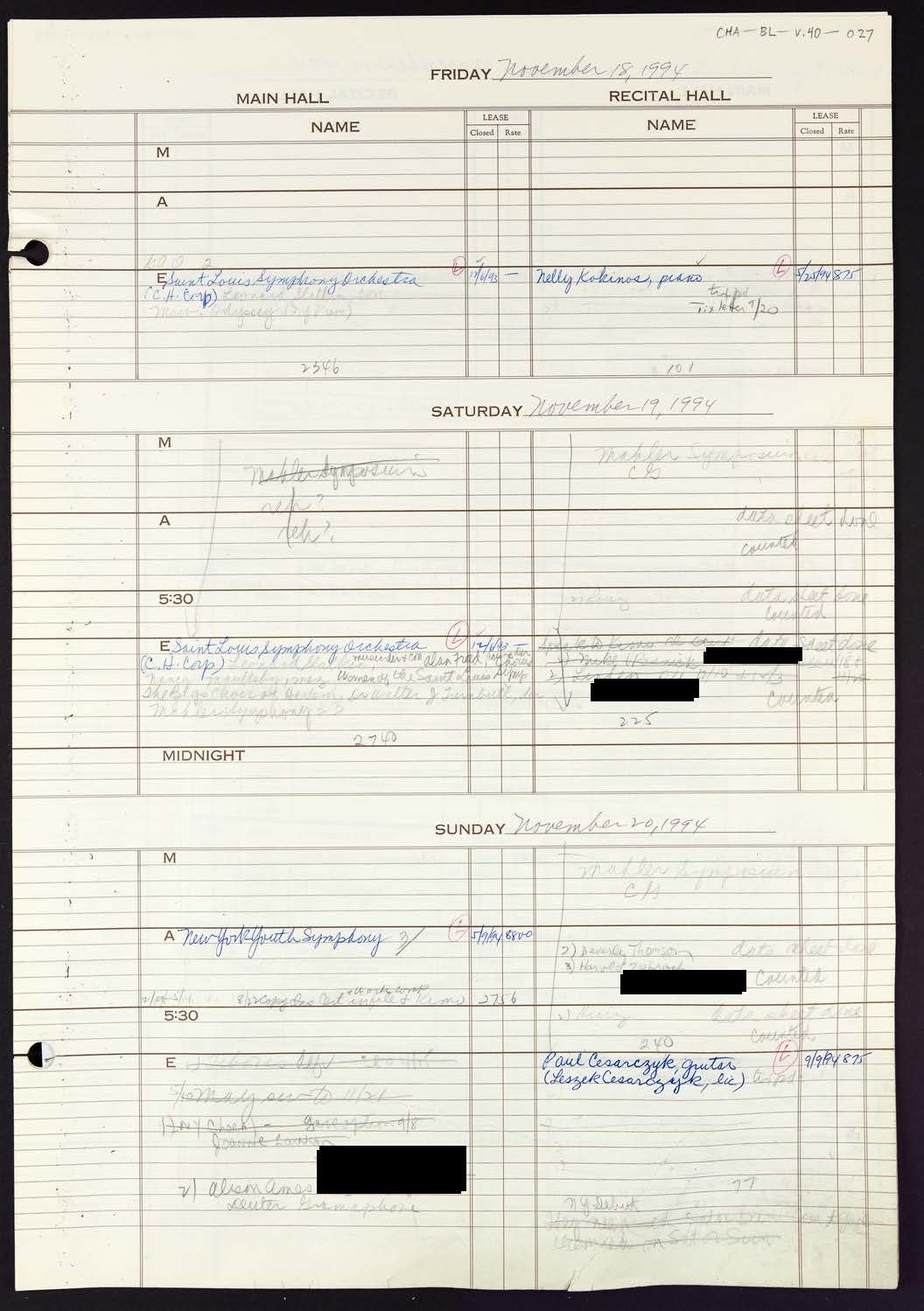 Carnegie Hall Booking Ledger, volume 40, page 27