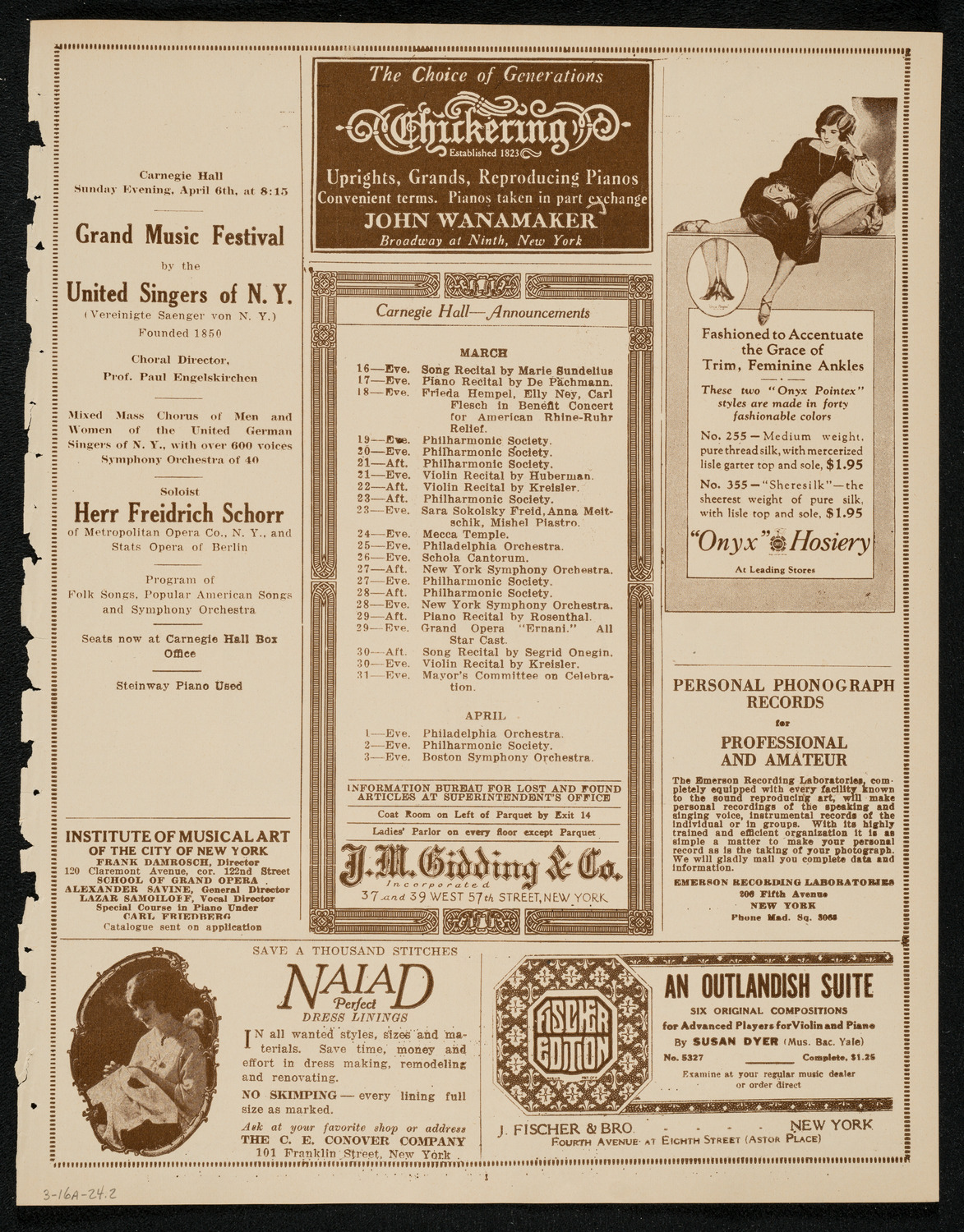 Jascha Heifetz, Violin, March 16, 1924, program page 3