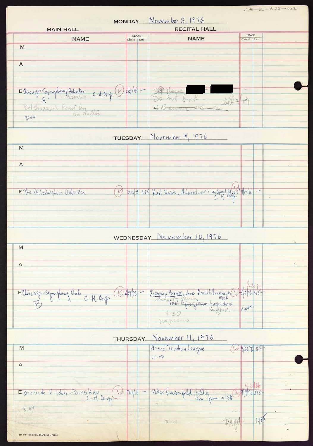 Carnegie Hall Booking Ledger, volume 22, page 22