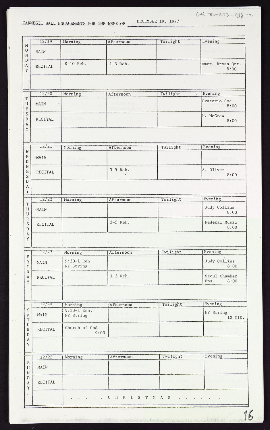 Carnegie Hall Booking Ledger, volume 23, page 36a