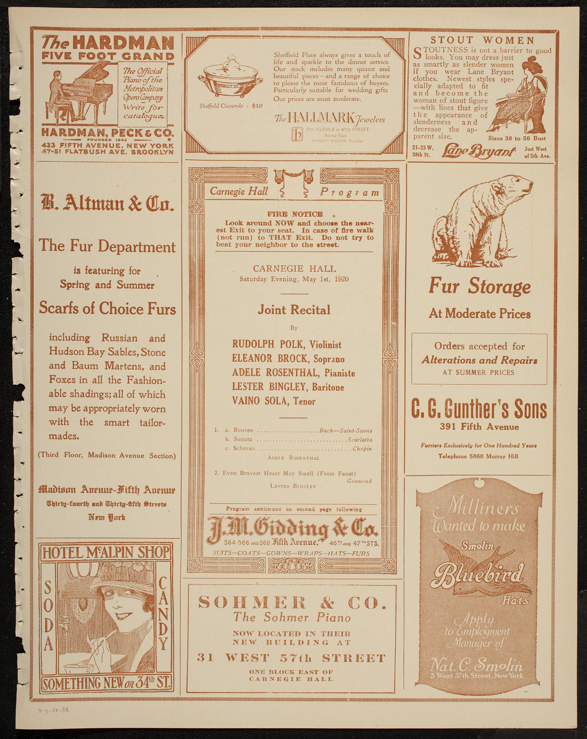 Rudolph Polk, Violin, Eleanor Brock, Soprano, Adele Rosenthal, Piano, Lester Bingley, Baritone, and Vaino Sola, Tenor, May 1, 1920, program page 5