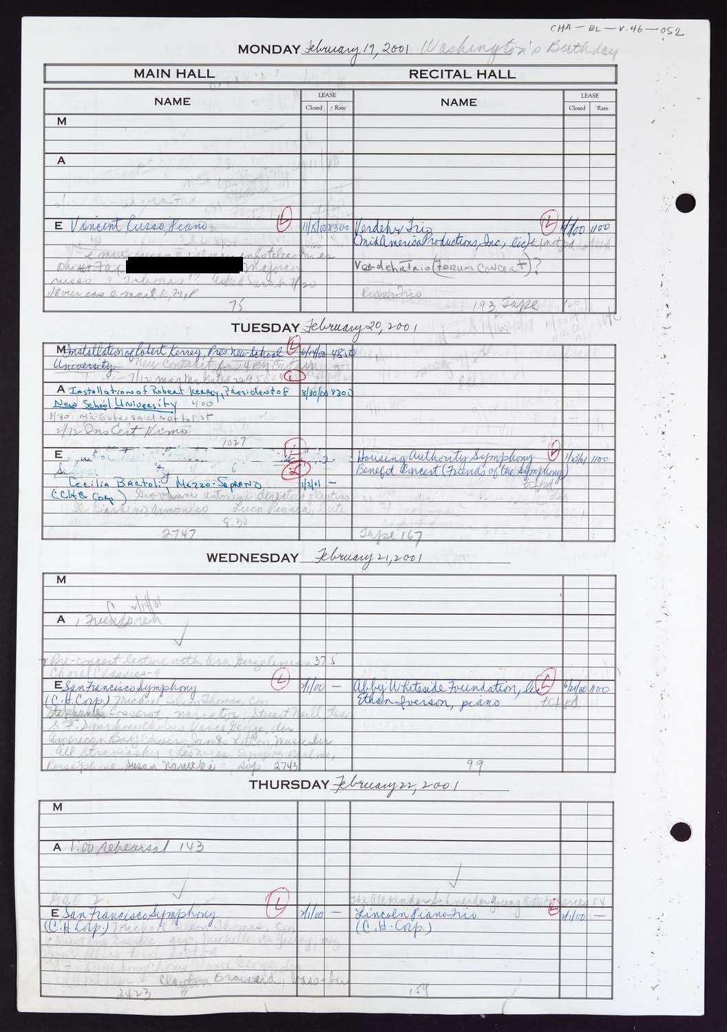 Carnegie Hall Booking Ledger, volume 46, page 52