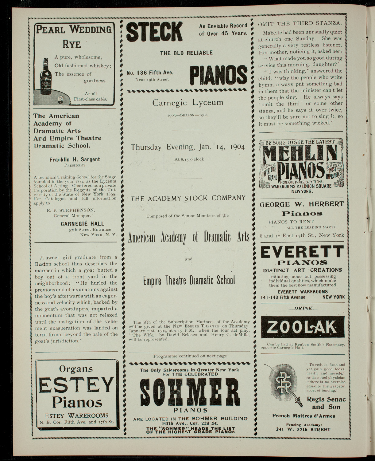 Academy Stock Company of the American Academy of Dramatic Arts/ Empire Theatre Dramatic School, January 14, 1904, program page 2